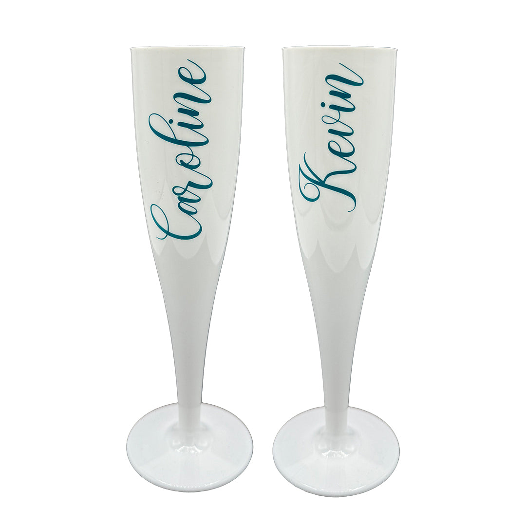 Personalised Pair of White Plastic Champagne Flutes